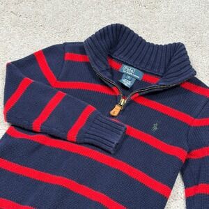 Kids Polo by Ralph Lauren Navy Red Striped Quarter Zip Sweater Cotton Size 5